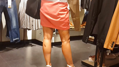 Sexy blond in pink skirt upskirt